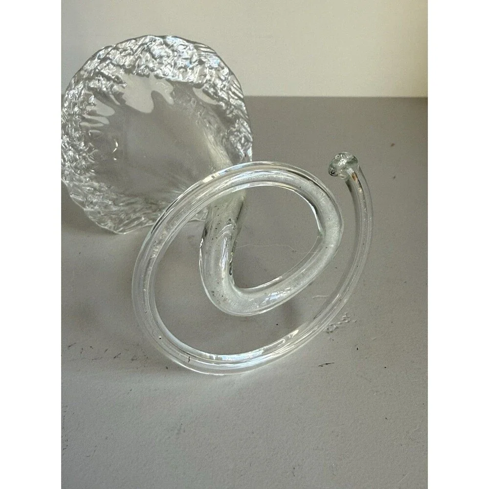 Murano Style Hand Blown Clear Glass Lily Trumpet Bud Vase Coiled Stem 3.5” Tall